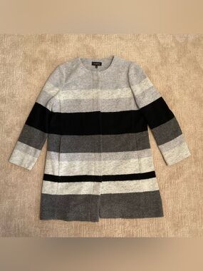 🖤🩶 Talbots Gray Black Striped Wool Blend Sweater Coat XL Minimalist Classic